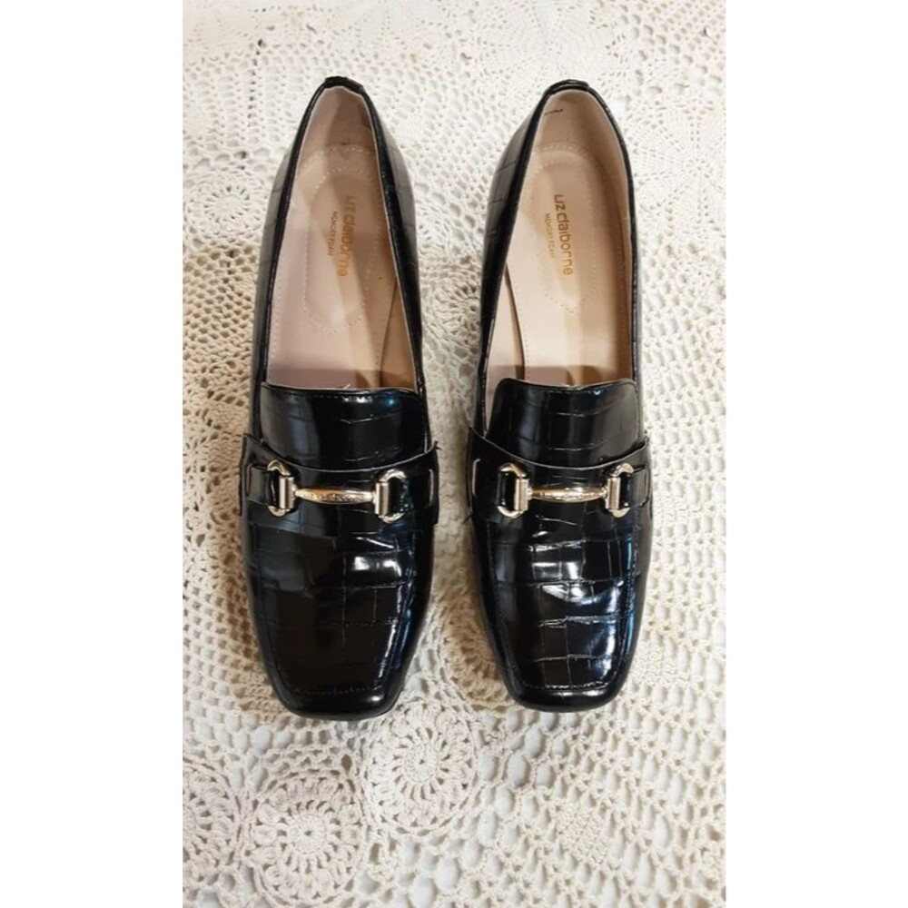 Liz Claiborne Black Croc-Embossed Block Heel Loafers with Gold Hardware